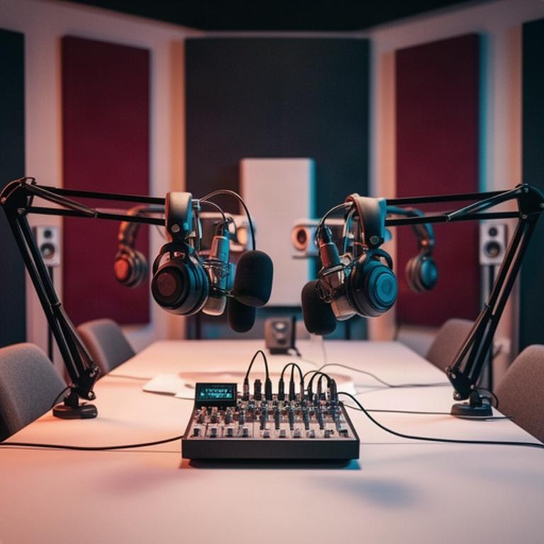 Podcastopstelling in een professionele geluidsstudio in Alkmaar met microfoons, koptelefoons en mengpaneel