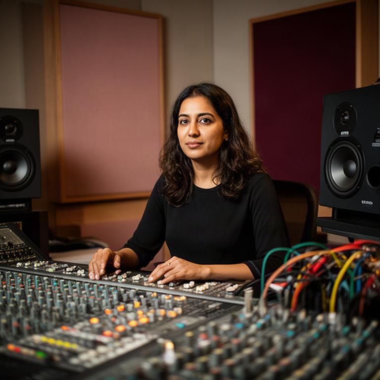 Nagla Montanus achter de mengtafel in de controlekamer van de studio